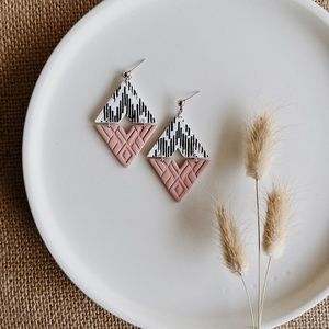 Black, White and Pink Triangle Clay Earrings